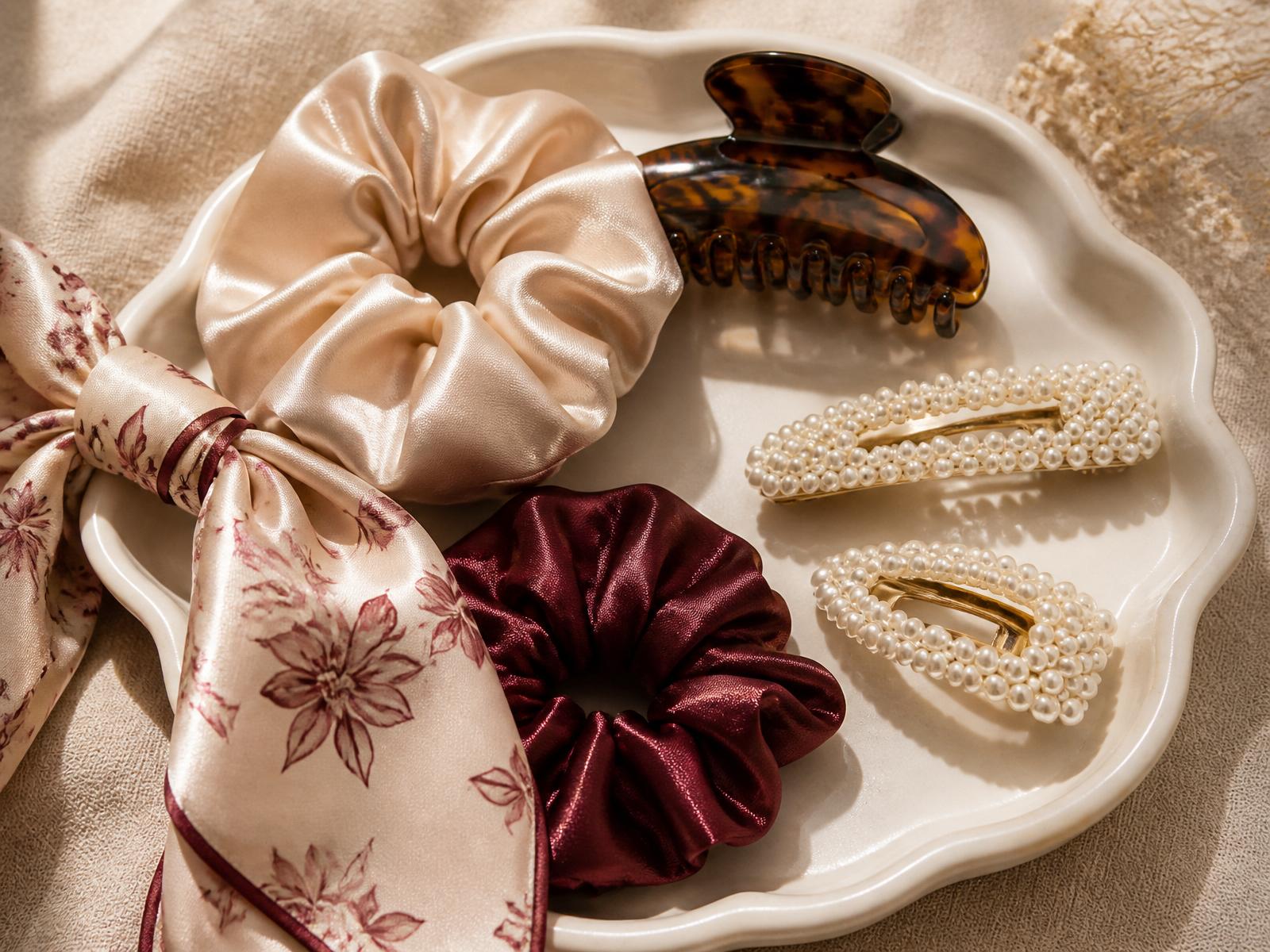 Hair accessories — satin scrunchies, pearl clips, and a tortoise claw clip on a ceramic tray
