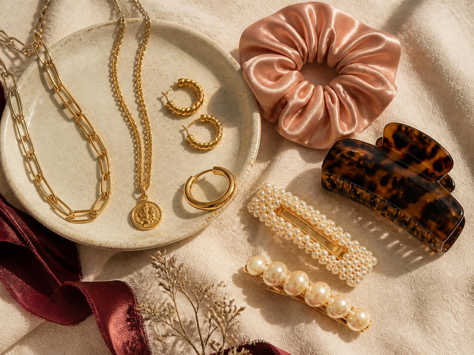 Editorial flat lay mixing costume jewelry and hair accessories in a warm cream palette